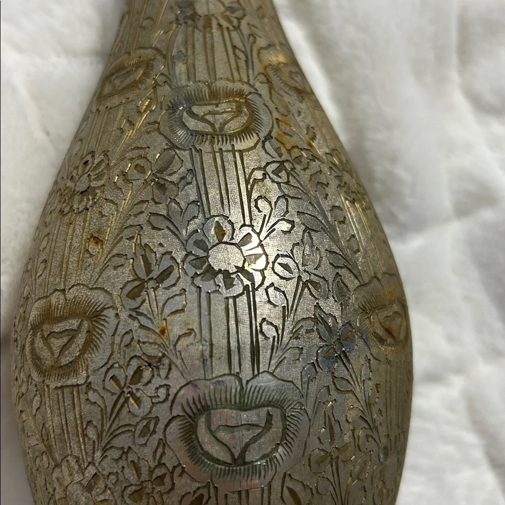 Metallic Trumpet Vase Etched With Flowers 11”